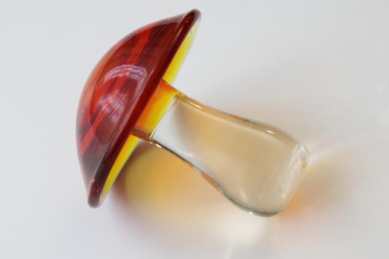 photo of vintage Viking glass mushroom paperweight, amberina red orange shaded color #3