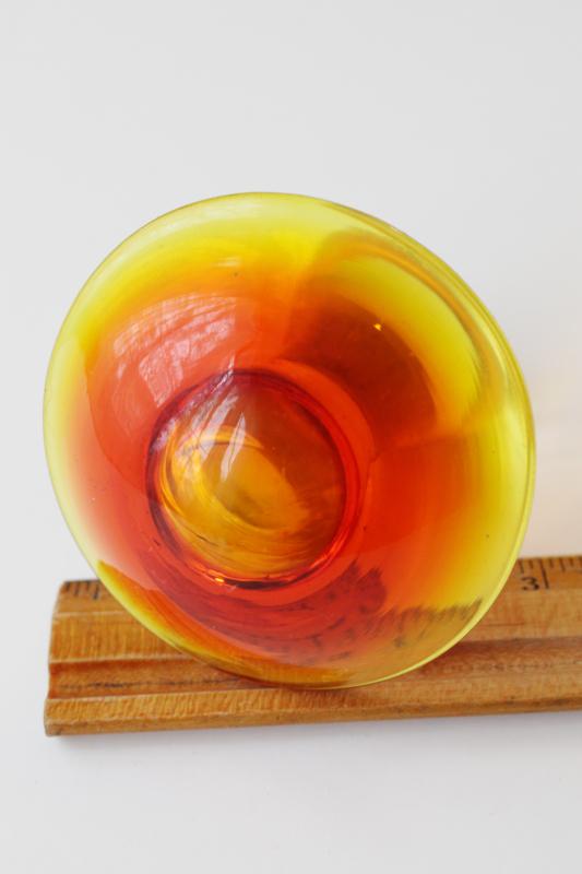 photo of vintage Viking glass mushroom paperweight, amberina red orange shaded color #5