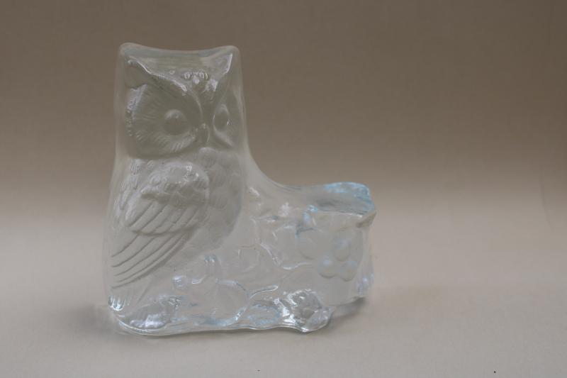 photo of vintage Viking label owl crystal clear art glass paperweight or book end #1