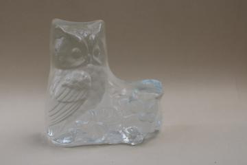 vintage Viking label owl crystal clear art glass paperweight or book end