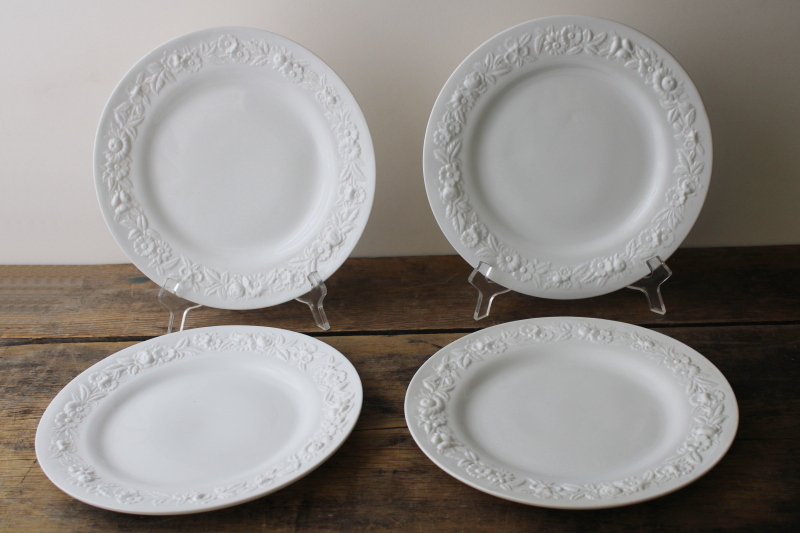 photo of vintage Vitrock milk glass dinner plates w/ embossed floral border, white depression glass #1