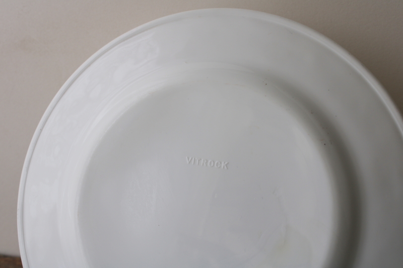 photo of vintage Vitrock milk glass dinner plates w/ embossed floral border, white depression glass #5