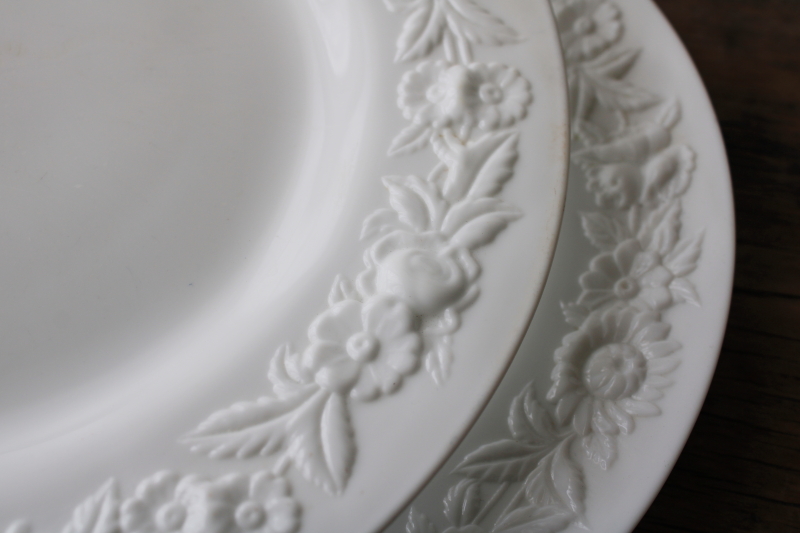 photo of vintage Vitrock milk glass dinner plates w/ embossed floral border, white depression glass #6