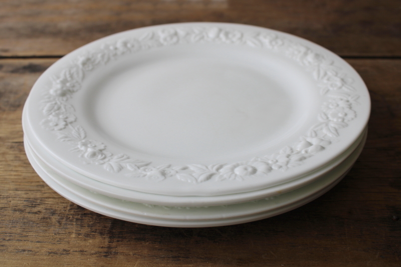 photo of vintage Vitrock milk glass dinner plates w/ embossed floral border, white depression glass #9