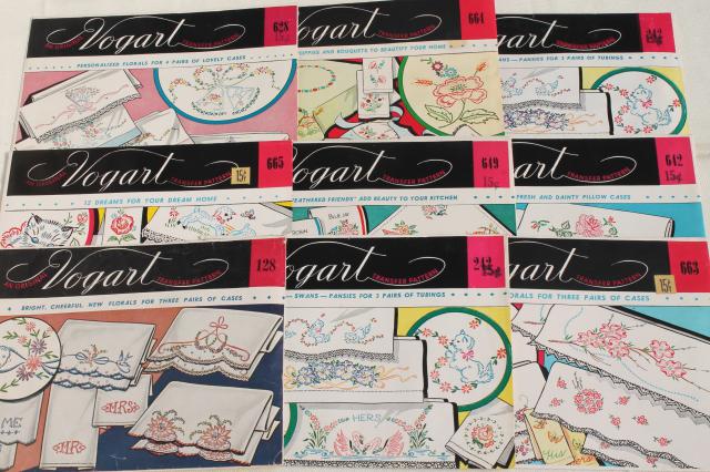 photo of vintage Vogart hot iron on transfers, pillowcases to embroider embroidery transfer lot #1