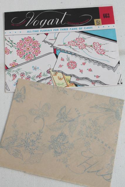 photo of vintage Vogart hot iron on transfers, pillowcases to embroider embroidery transfer lot #5