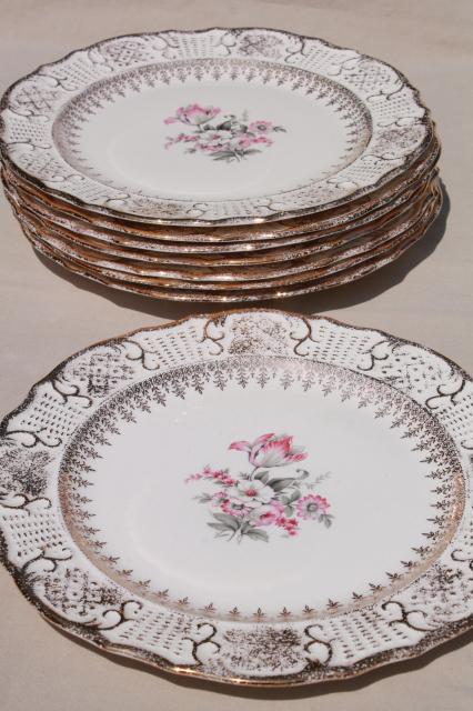 photo of vintage Vogue china luncheon or dinner plates, pink & grey tulips embossed border w/ gold #1