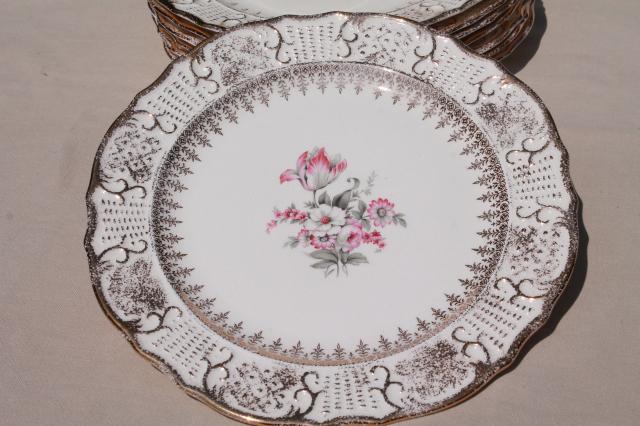 photo of vintage Vogue china luncheon or dinner plates, pink & grey tulips embossed border w/ gold #2