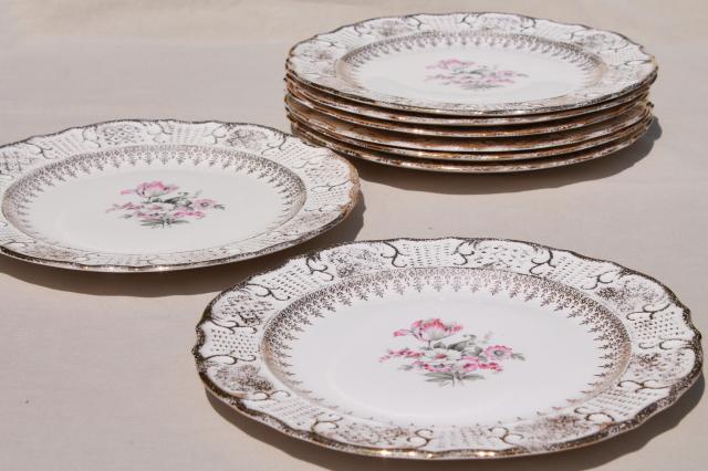 photo of vintage Vogue china luncheon or dinner plates, pink & grey tulips embossed border w/ gold #5