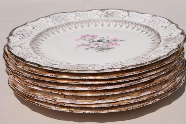 photo of vintage Vogue china luncheon or dinner plates, pink & grey tulips embossed border w/ gold #7