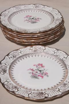 catalog photo of vintage Vogue china luncheon or dinner plates, pink & grey tulips embossed border w/ gold