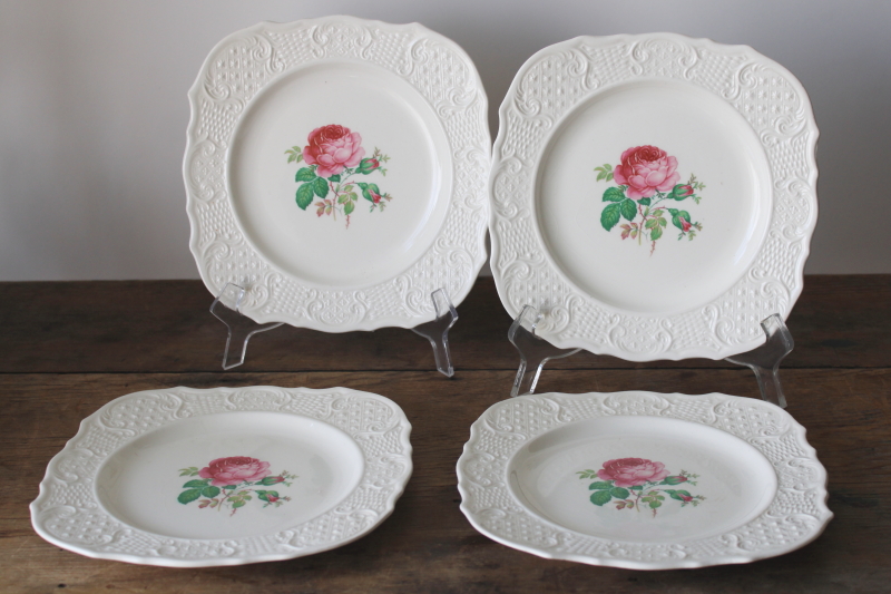 photo of vintage Vogue china square salad plates, Washington Colonial embossed pattern french rose floral print  #1