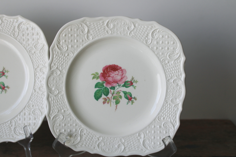 photo of vintage Vogue china square salad plates, Washington Colonial embossed pattern french rose floral print #2