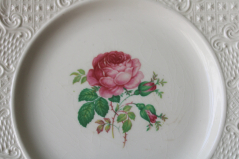 photo of vintage Vogue china square salad plates, Washington Colonial embossed pattern french rose floral print #3