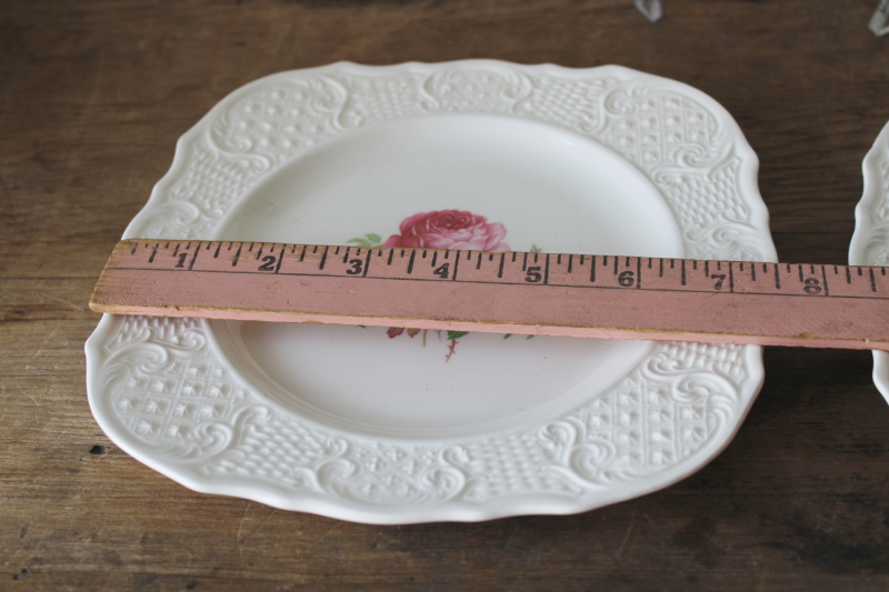 photo of vintage Vogue china square salad plates, Washington Colonial embossed pattern french rose floral print #7