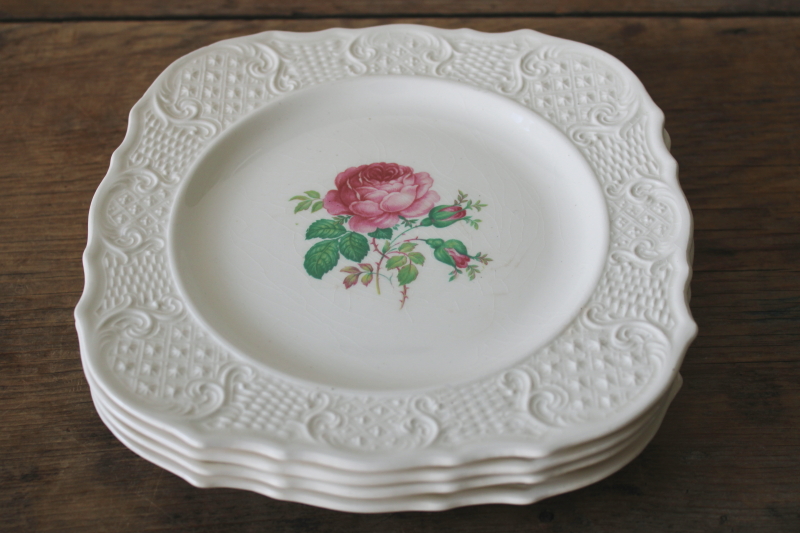 photo of vintage Vogue china square salad plates, Washington Colonial embossed pattern french rose floral print #8