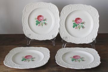 catalog photo of vintage Vogue china square salad plates, Washington Colonial embossed pattern french rose floral print 
