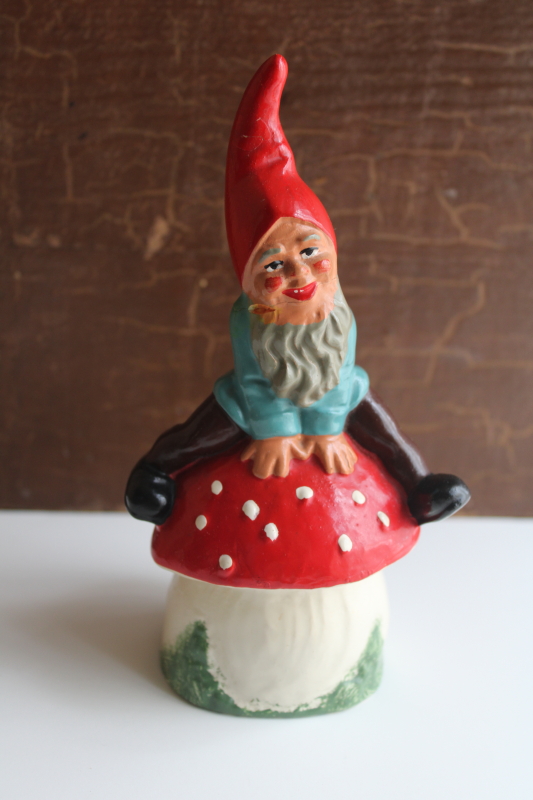 photo of vintage W Germany coin bank, ceramic garden gnome on red and white toadstool mushroom  #1