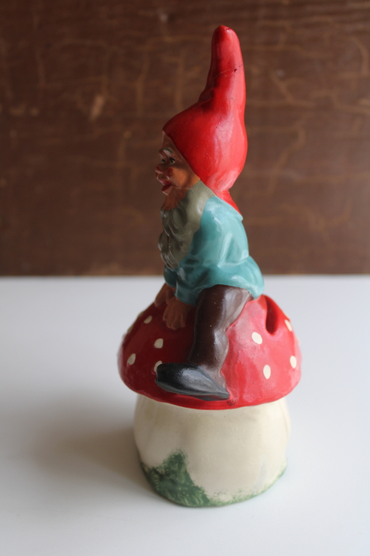 photo of vintage W Germany coin bank, ceramic garden gnome on red and white toadstool mushroom  #3