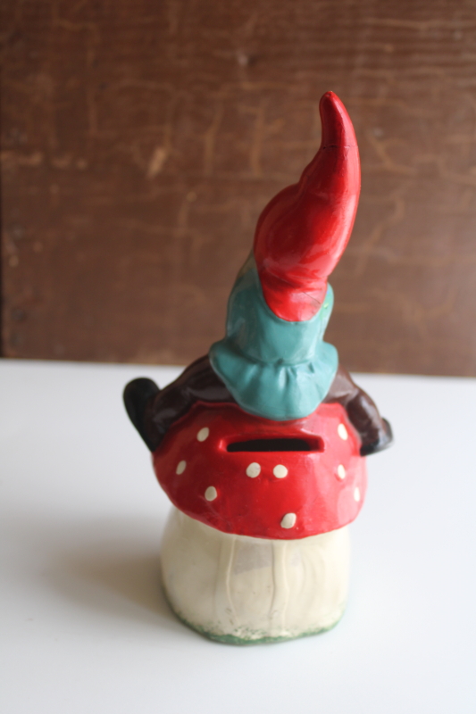 photo of vintage W Germany coin bank, ceramic garden gnome on red and white toadstool mushroom  #4