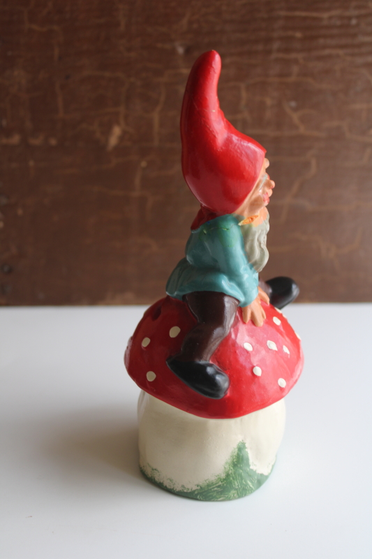 photo of vintage W Germany coin bank, ceramic garden gnome on red and white toadstool mushroom  #5