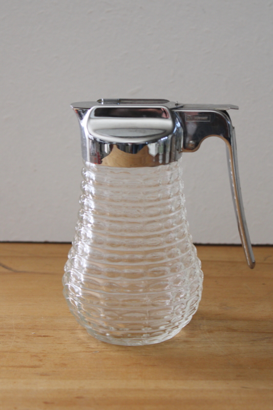 photo of vintage WMF Germany syrup pitcher, drip cut style chrome lid w/ glass beehive jar #1