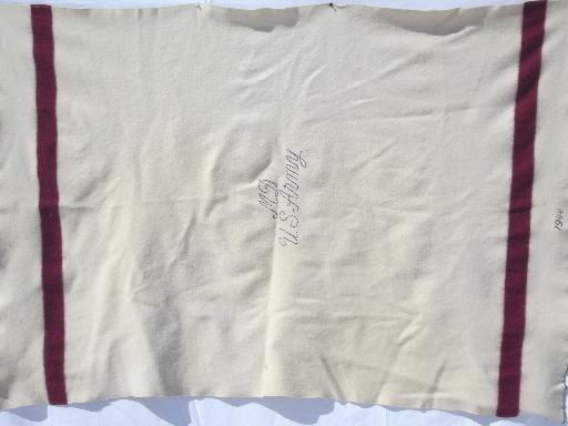 photo of vintage WWII Army medical  hospital blankets, red stripe white wool blankets #4