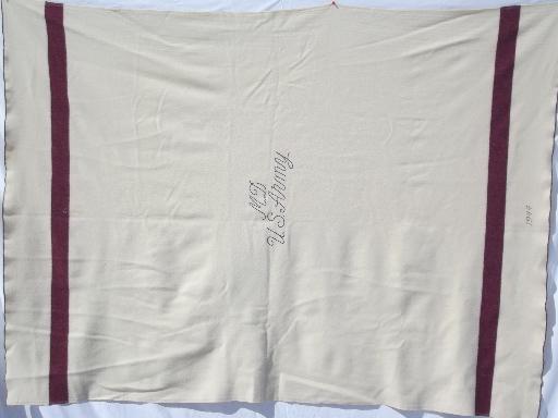 photo of vintage WWII Army medical  hospital blankets, red stripe white wool blankets #5