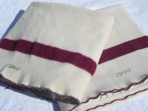 photo of vintage WWII Army medical  hospital blankets, red stripe white wool blankets #8