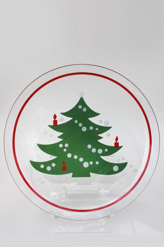 photo of vintage Waechterbach Christmas Tree print clear glass cake plate, pottery go-along #1