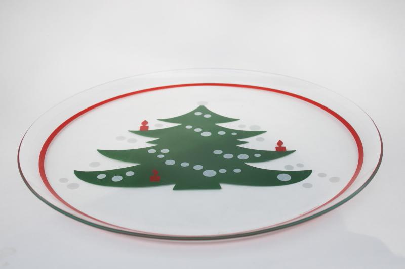 photo of vintage Waechterbach Christmas Tree print clear glass cake plate, pottery go-along #3