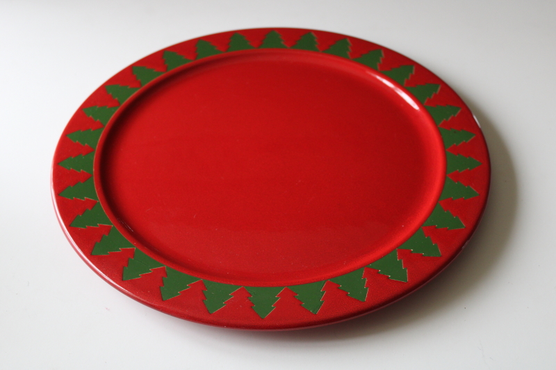 photo of vintage Waechtersbach Christmas tree border cake plate or round platter, green trees border on red #1