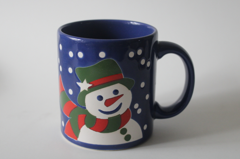 photo of vintage Waechtersbach holiday mug Christmas snowman on blue, never used w/ label  #1