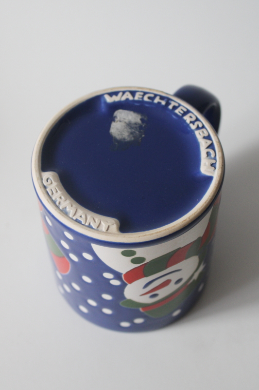 photo of vintage Waechtersbach holiday mug Christmas snowman on blue, never used w/ label  #3