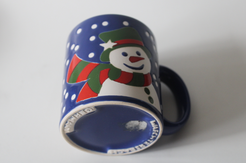 photo of vintage Waechtersbach holiday mug Christmas snowman on blue, never used w/ label  #4