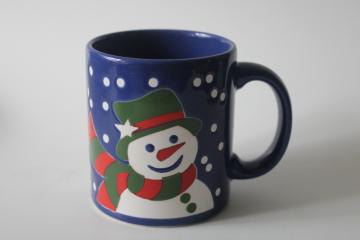 catalog photo of vintage Waechtersbach holiday mug Christmas snowman on blue, never used w/ label 