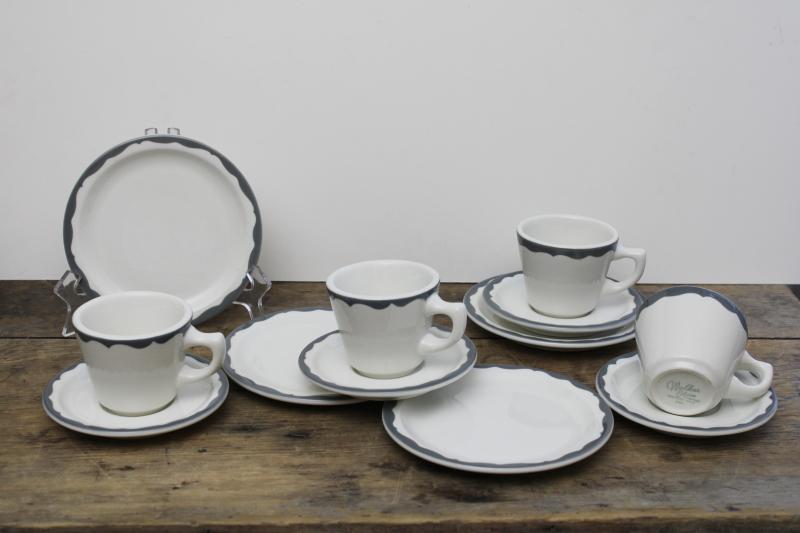 photo of vintage Walker restaurant china cups saucers plates, heavy white ironstone w/ grey border #1