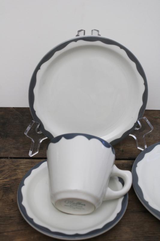 photo of vintage Walker restaurant china cups saucers plates, heavy white ironstone w/ grey border #2