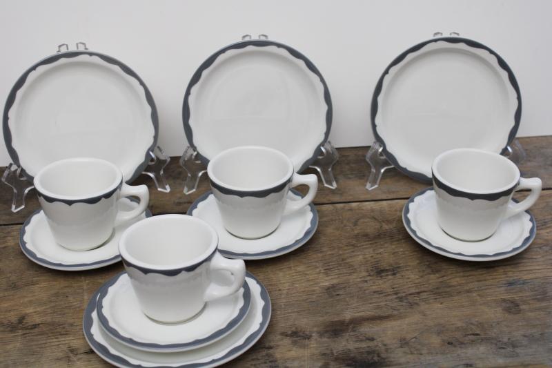 photo of vintage Walker restaurant china cups saucers plates, heavy white ironstone w/ grey border #6