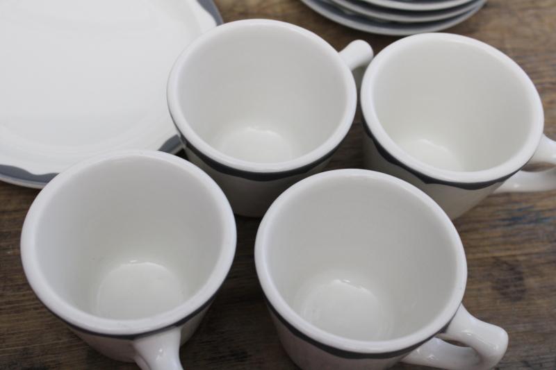 photo of vintage Walker restaurant china cups saucers plates, heavy white ironstone w/ grey border #7