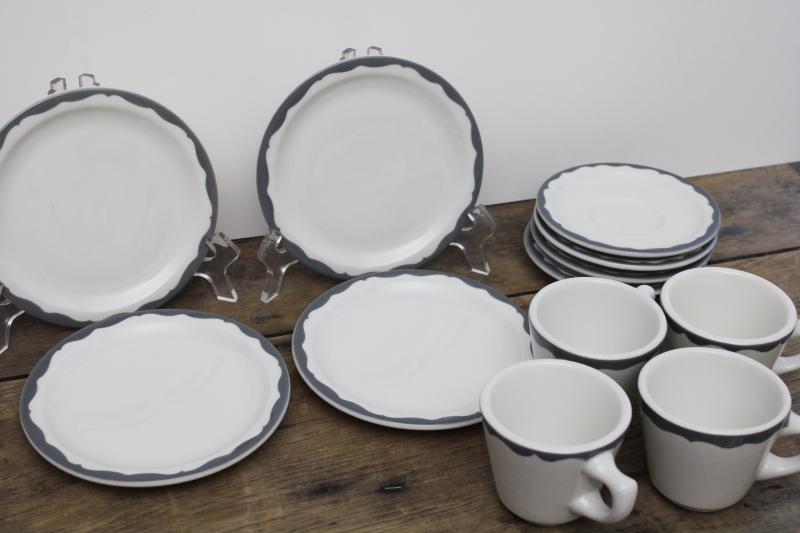 photo of vintage Walker restaurant china cups saucers plates, heavy white ironstone w/ grey border #8