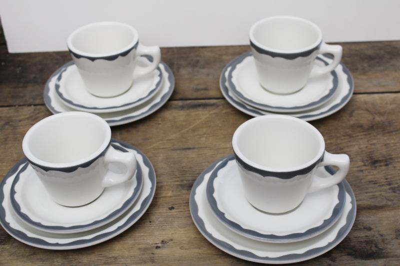 photo of vintage Walker restaurant china cups saucers plates, heavy white ironstone w/ grey border #9