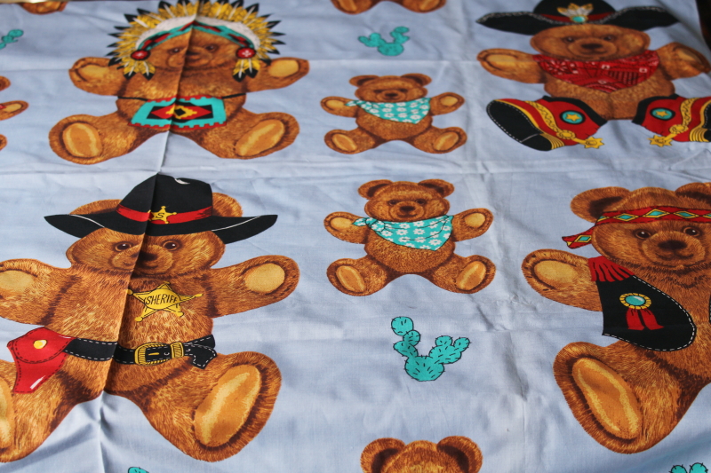 photo of vintage Wamsutta cotton fabric, old west Indian chief, sheriff, cowboys teddy bears print #1