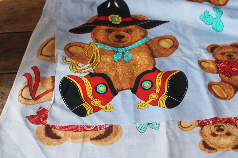 photo of vintage Wamsutta cotton fabric, old west Indian chief, sheriff, cowboys teddy bears print #8