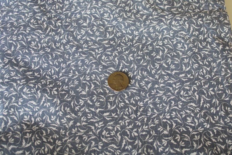 photo of vintage Wamsutta print cotton fabric, blue chambray w/ tiny leaves in white #1