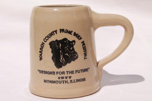 photo of vintage Warren County Monmouth pottery stoneware beer stein mug, 70s Beef Festival w/ Angus #1