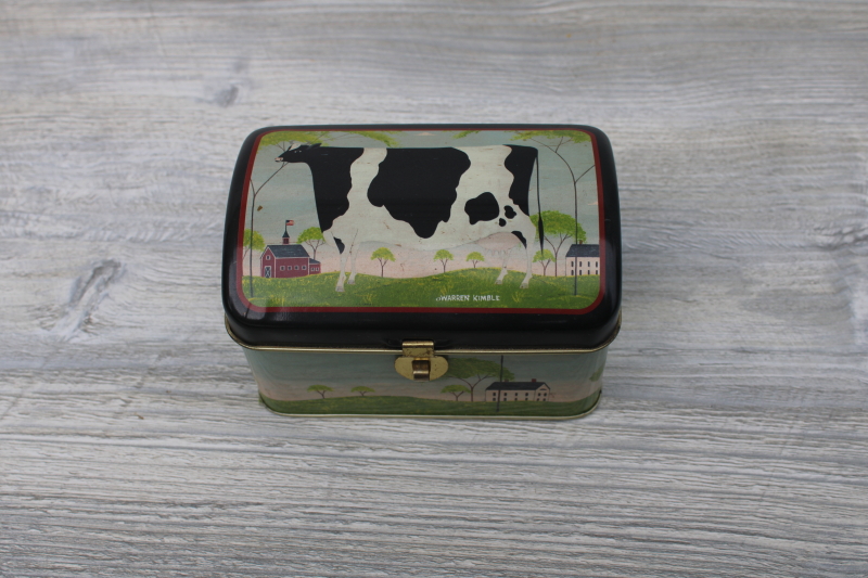 photo of vintage Warren Kimble folk art cow print metal tin box, primitive farm country decor #1