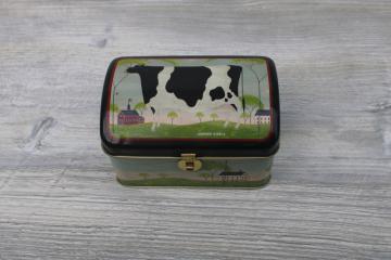 photo of vintage Warren Kimble folk art cow print metal tin box, primitive farm country decor