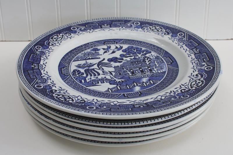 photo of vintage Washington Staffordshire china blue willow pattern dinner plates #2