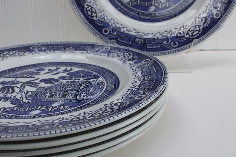 photo of vintage Washington Staffordshire china blue willow pattern dinner plates #3